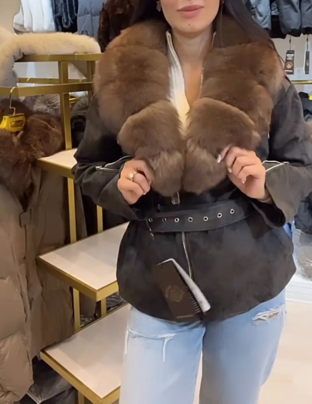 Grey Jacket with Large Brown Faux Fur Collar