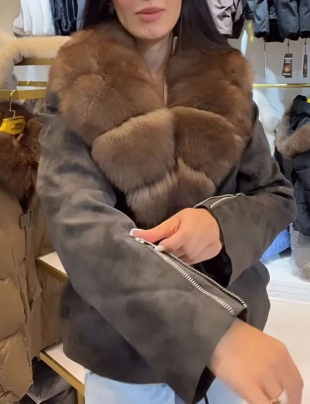 Grey Jacket with Large Brown Faux Fur Collar