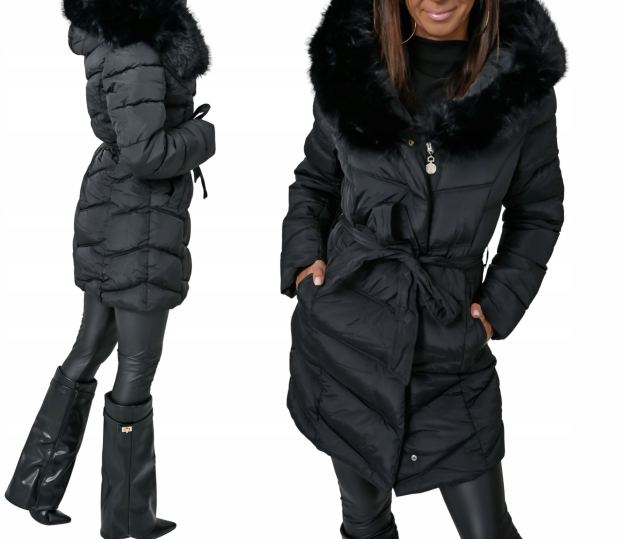 [Copy]Long Puffer Jacket with Faux Fur Hood & Zipper Details