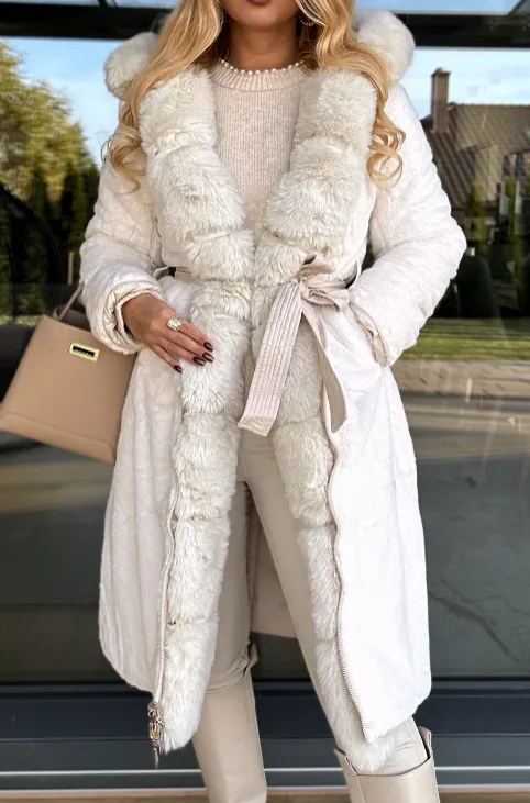 [Copy]Chocolate Brown Faux Fur Hooded Coat with Belted Waist
