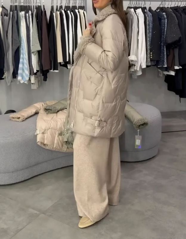 [Copy]White Long Puffer Coat with Faux Fur Hood & Belted Waist
