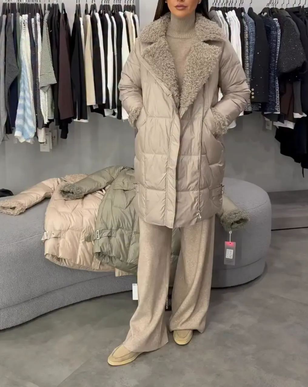 [Copy]White Long Puffer Coat with Faux Fur Hood & Belted Waist