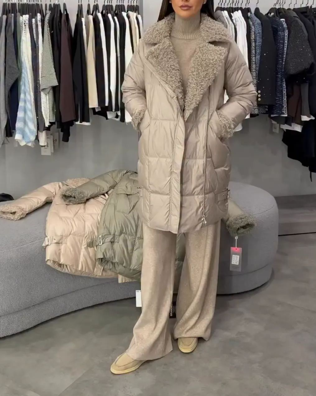 [Copy]White Long Puffer Coat with Faux Fur Hood & Belted Waist