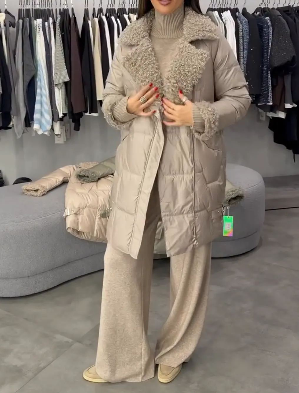 [Copy]White Long Puffer Coat with Faux Fur Hood & Belted Waist