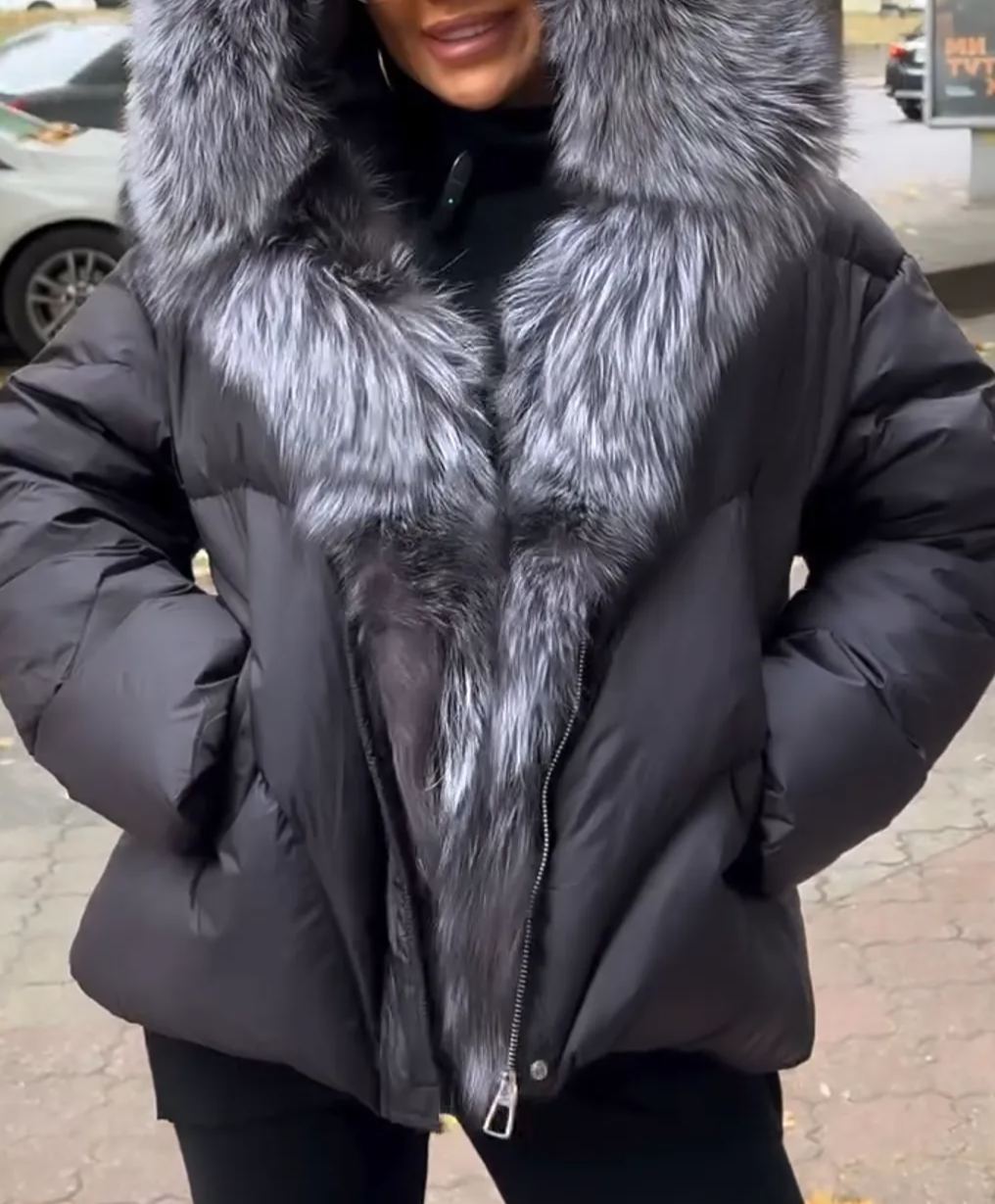 [Copy]Dark Brown Puffer Coat with Faux Fur Hood