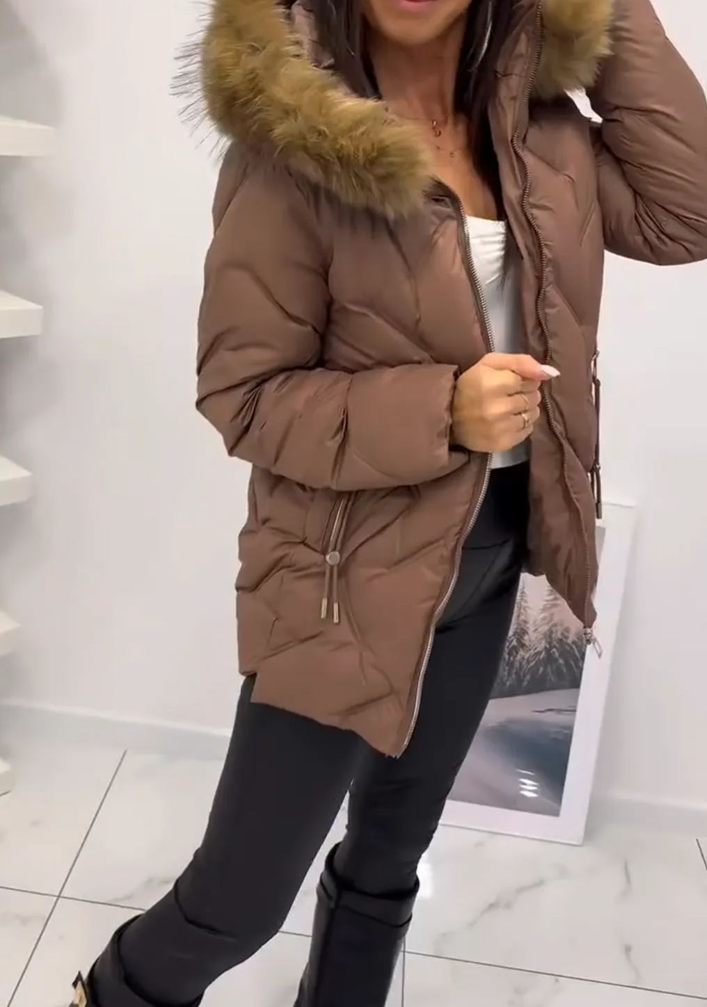 [Copy]Black Puffer Coat with Oversized Silver Fox Faux Fur Hood