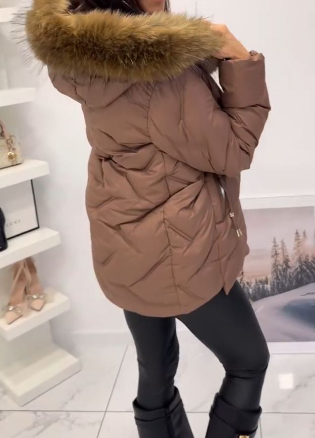 [Copy]Black Puffer Coat with Oversized Silver Fox Faux Fur Hood