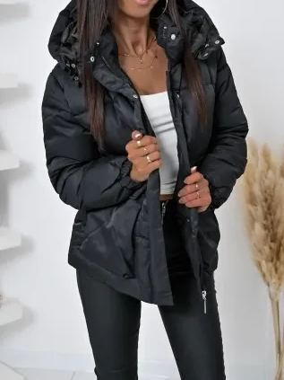[Copy]Black Shiny Puffer Coat with Faux Fur Hood & Pom-Pom Detail
