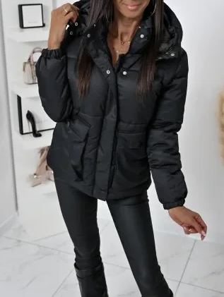 [Copy]Black Shiny Puffer Coat with Faux Fur Hood & Pom-Pom Detail