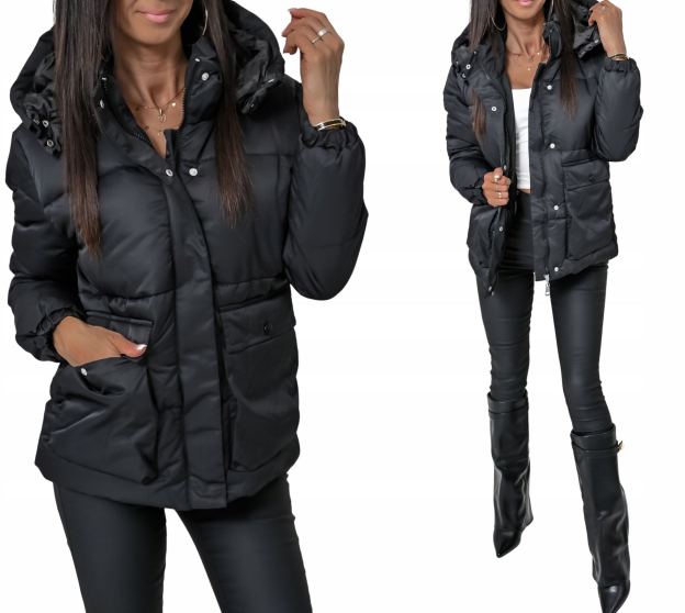 [Copy]Black Shiny Puffer Coat with Faux Fur Hood & Pom-Pom Detail