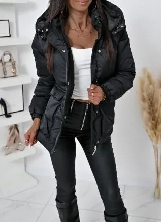 [Copy]Black Shiny Puffer Coat with Faux Fur Hood & Pom-Pom Detail