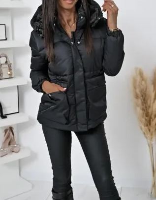 [Copy]Black Shiny Puffer Coat with Faux Fur Hood & Pom-Pom Detail