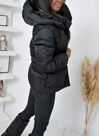 [Copy]Black Shiny Puffer Coat with Faux Fur Hood & Pom-Pom Detail