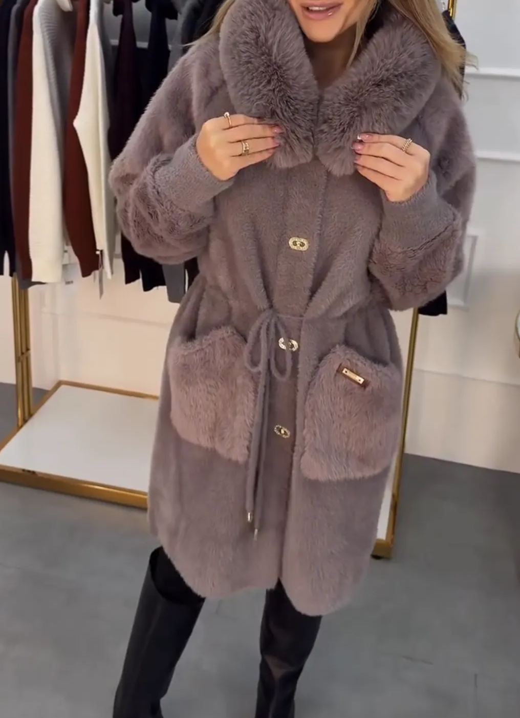 Dusty Purple Faux Fur Coat with Oversized Collar & Belted Waist