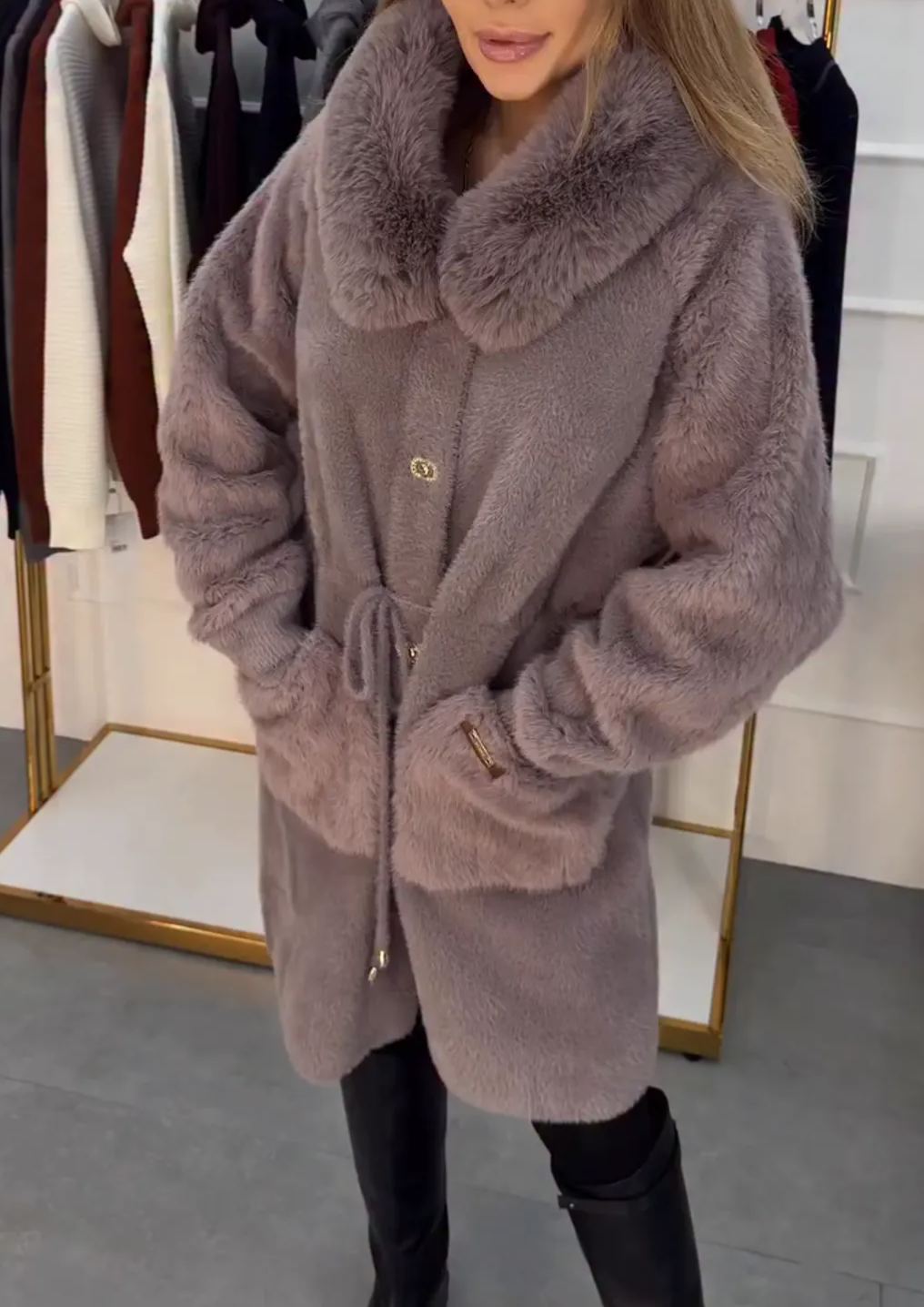 Dusty Purple Faux Fur Coat with Oversized Collar & Belted Waist
