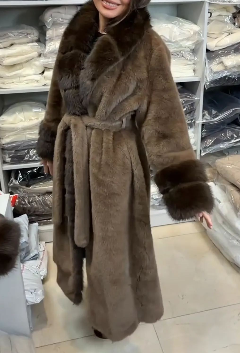 [Copy]Black Parka Coat with Oversized Brown Faux Fur Trim