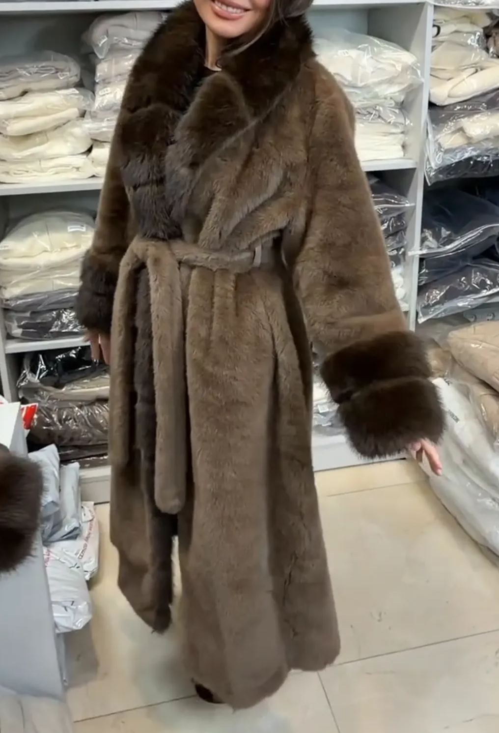 [Copy]Black Parka Coat with Oversized Brown Faux Fur Trim