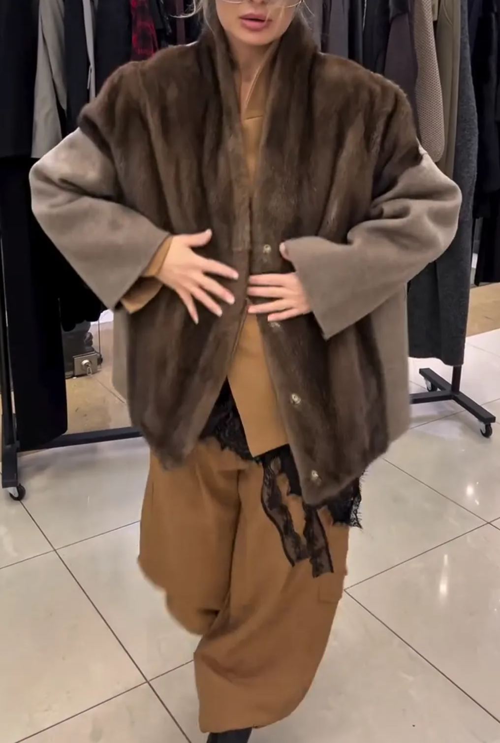 Elegant Brown Contrast-Panel Faux Fur Outerwear