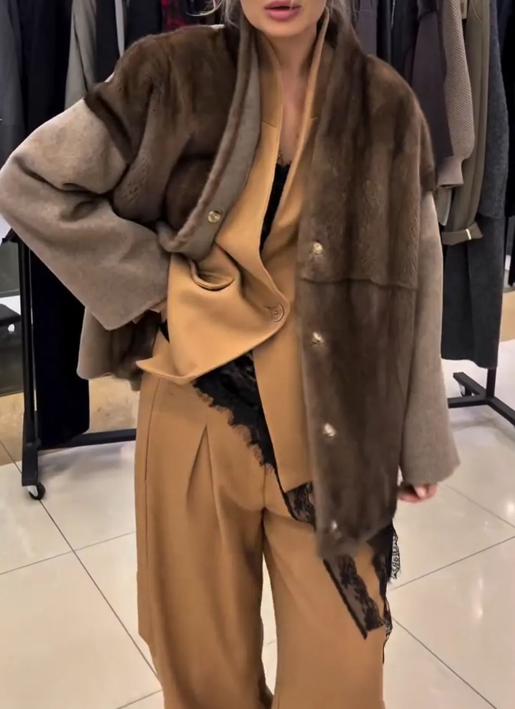 Elegant Brown Contrast-Panel Faux Fur Outerwear