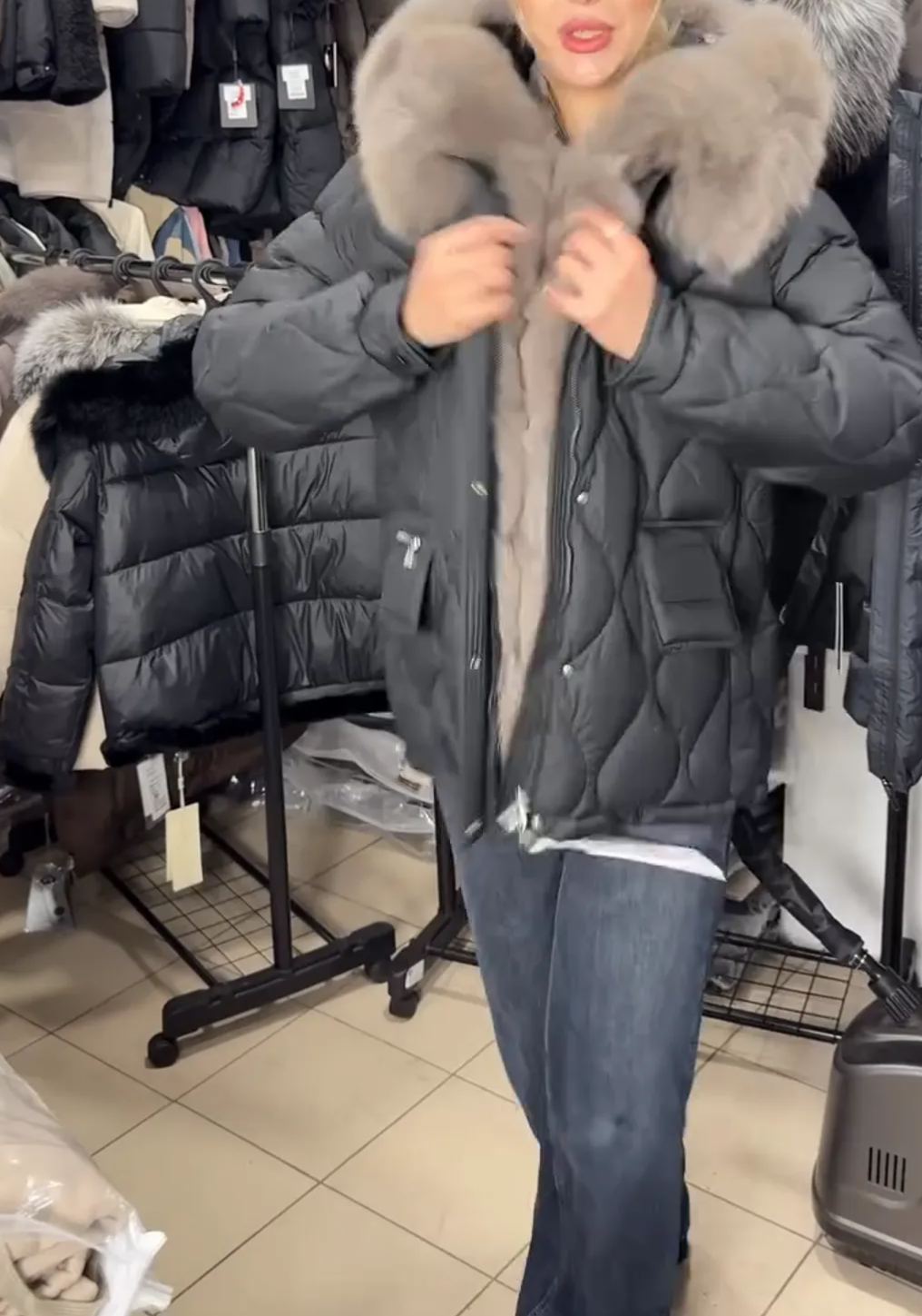 Charcoal Gray Puffer Coat with Oversized Faux Fur Trim
