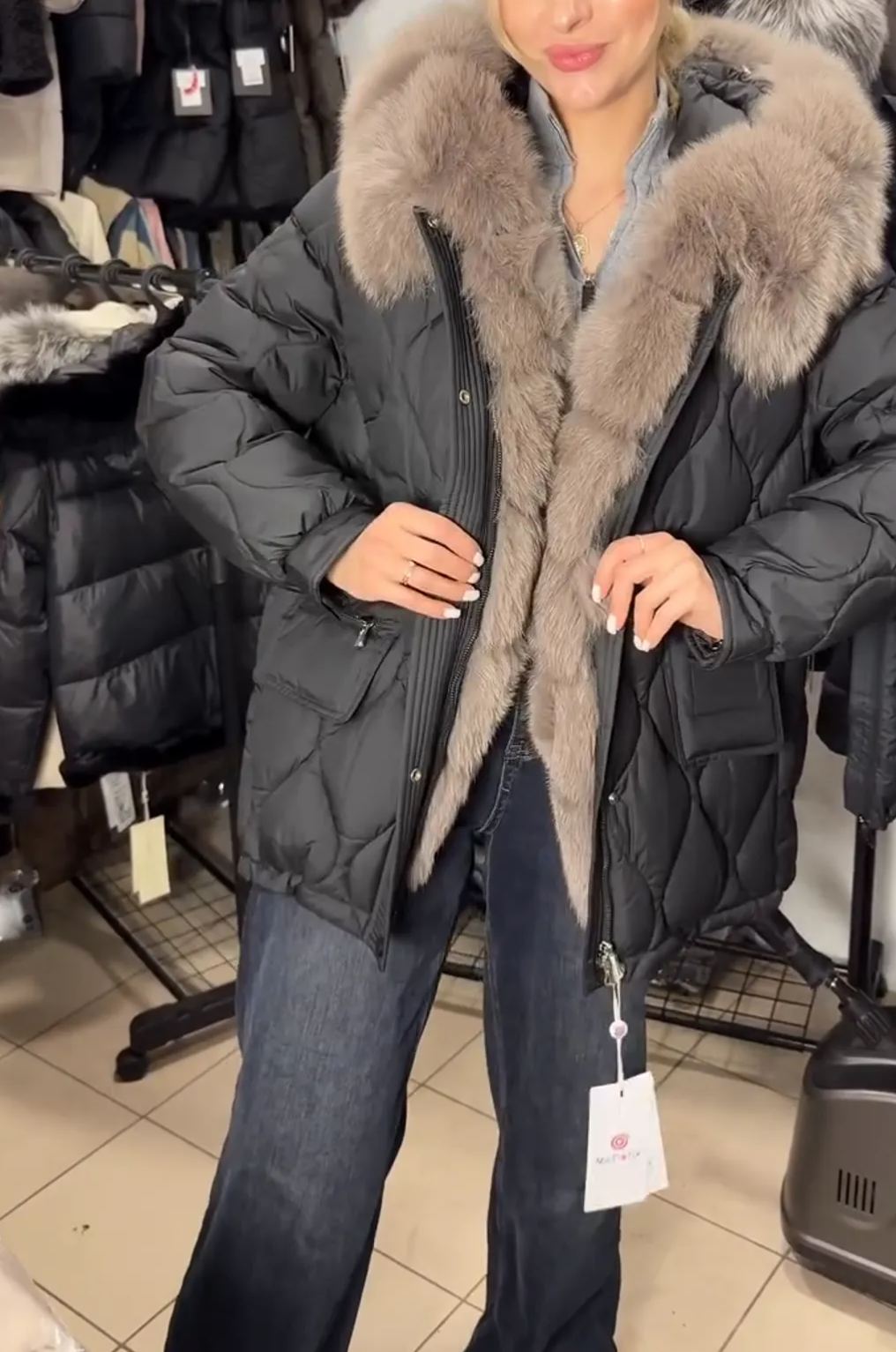 Charcoal Gray Puffer Coat with Oversized Faux Fur Trim