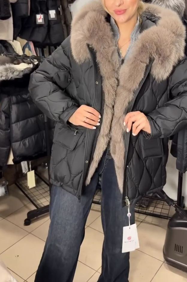 Charcoal Gray Puffer Coat with Oversized Faux Fur Trim