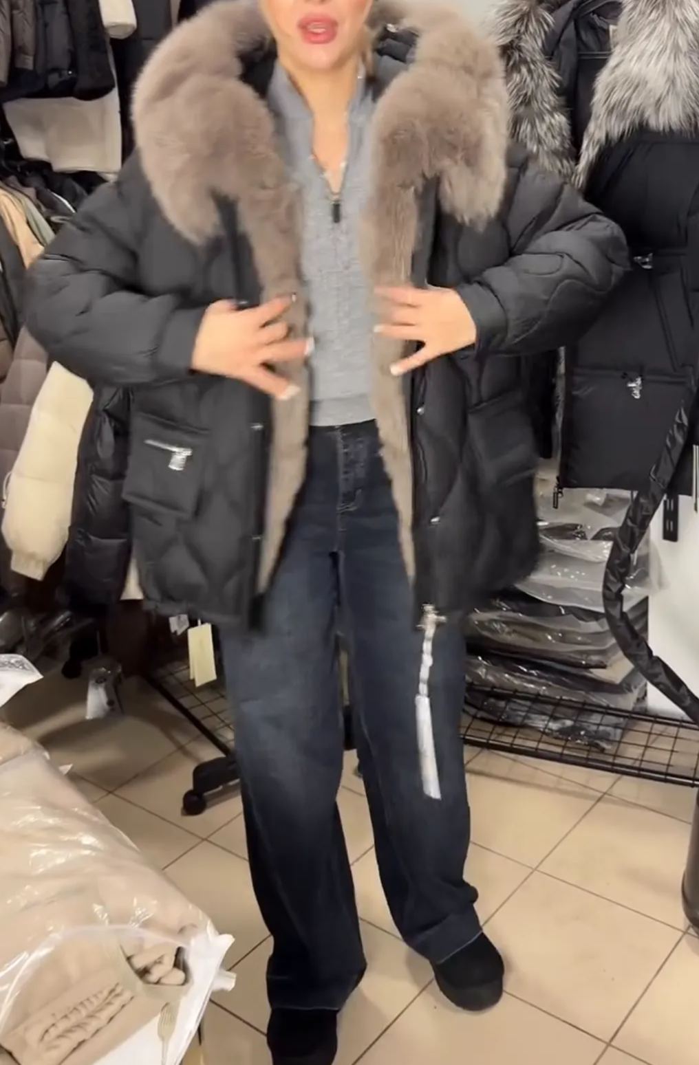 Charcoal Gray Puffer Coat with Oversized Faux Fur Trim