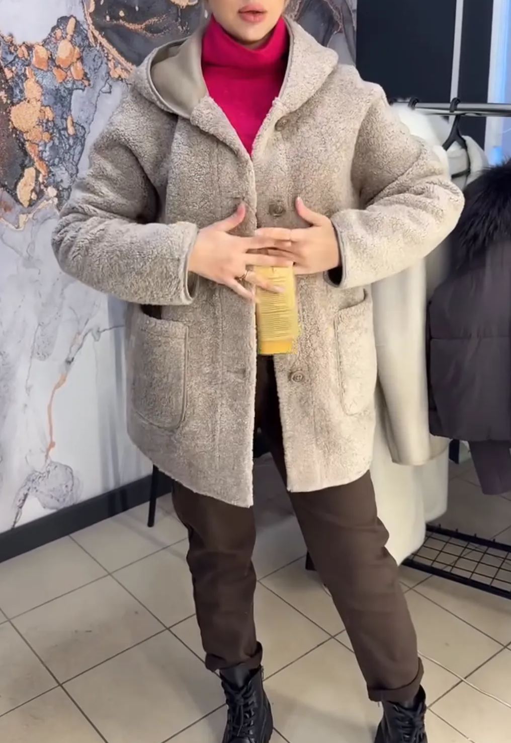 [Copy] Faux Fur Hooded Coat with Self-Tie Belt