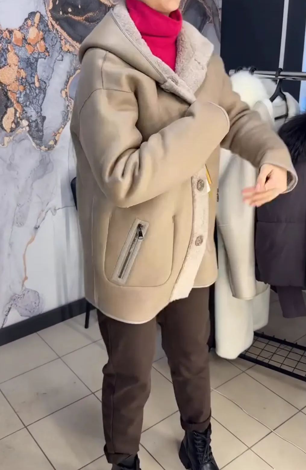 [Copy] Faux Fur Hooded Coat with Self-Tie Belt
