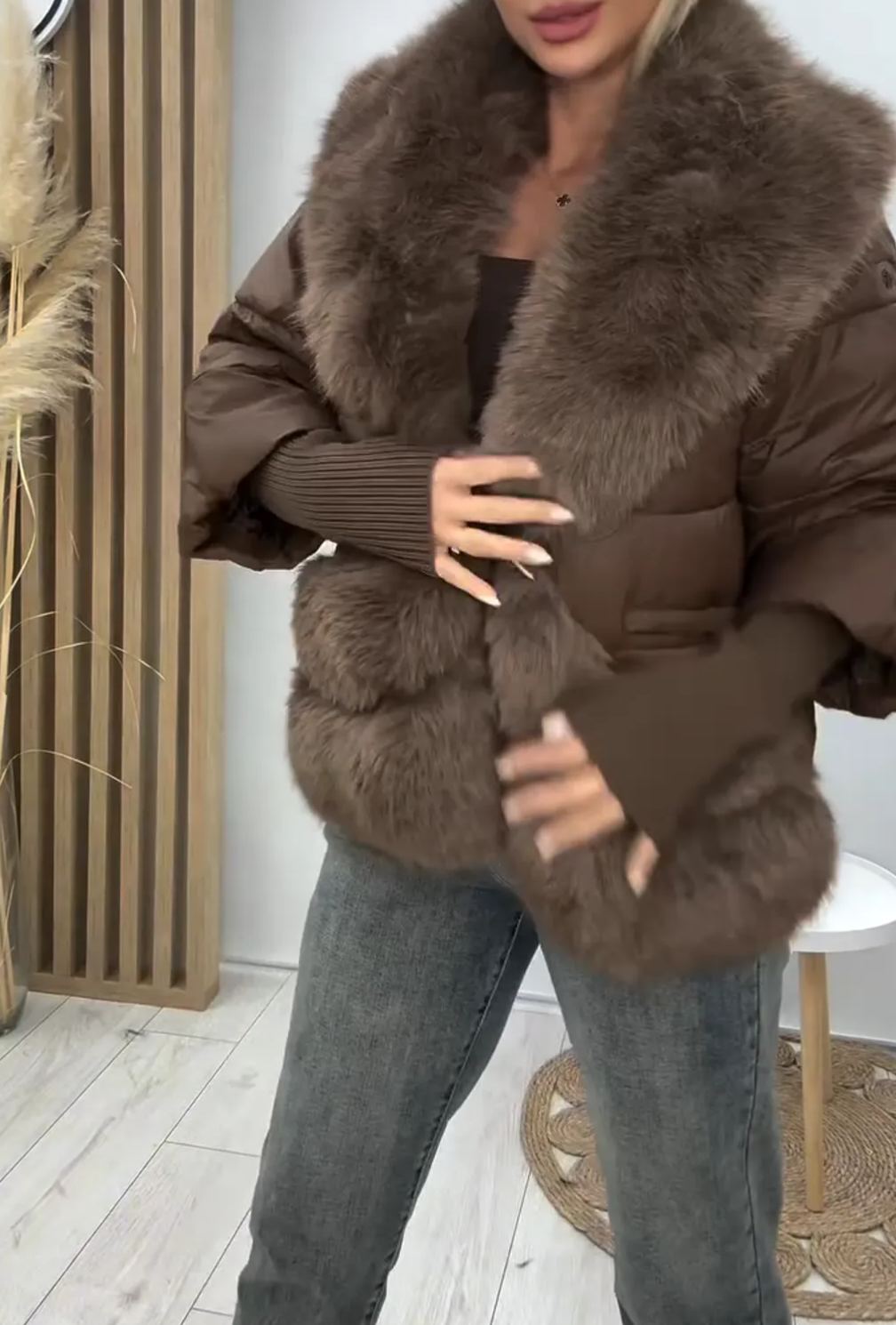 [Copy]Taupe & Brown Two-Tone Coat with Faux Fur Accents