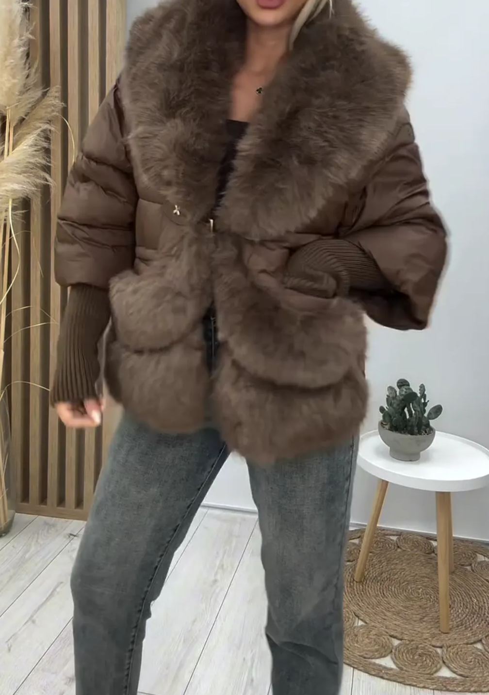 [Copy]Taupe & Brown Two-Tone Coat with Faux Fur Accents