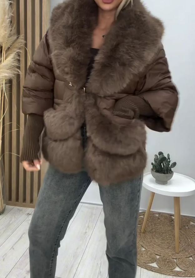 [Copy]Taupe & Brown Two-Tone Coat with Faux Fur Accents