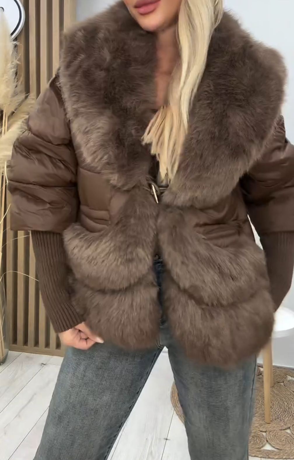 [Copy]Taupe & Brown Two-Tone Coat with Faux Fur Accents