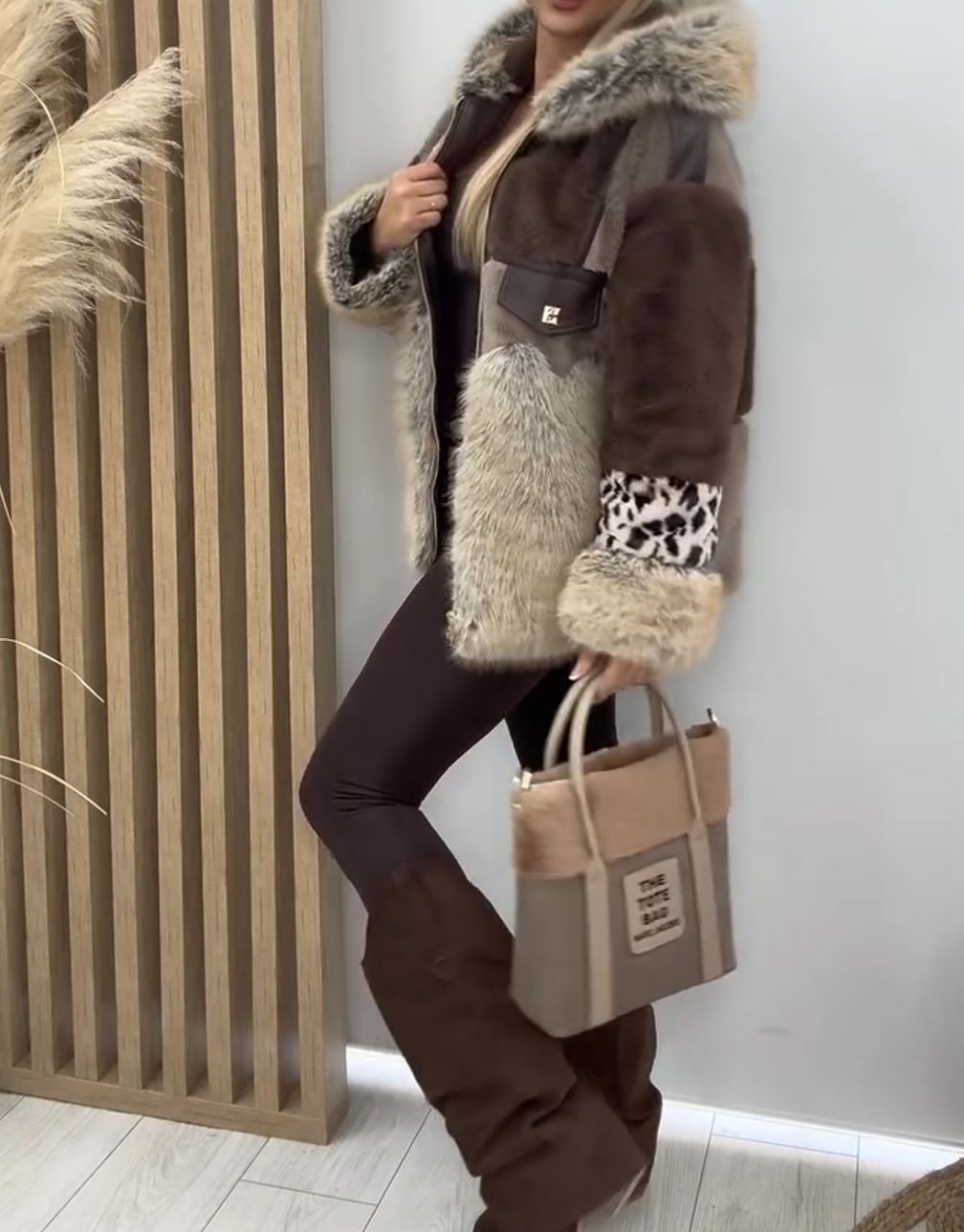 [Copy]Brown Puffer Coat with Oversized Faux Fur Collar