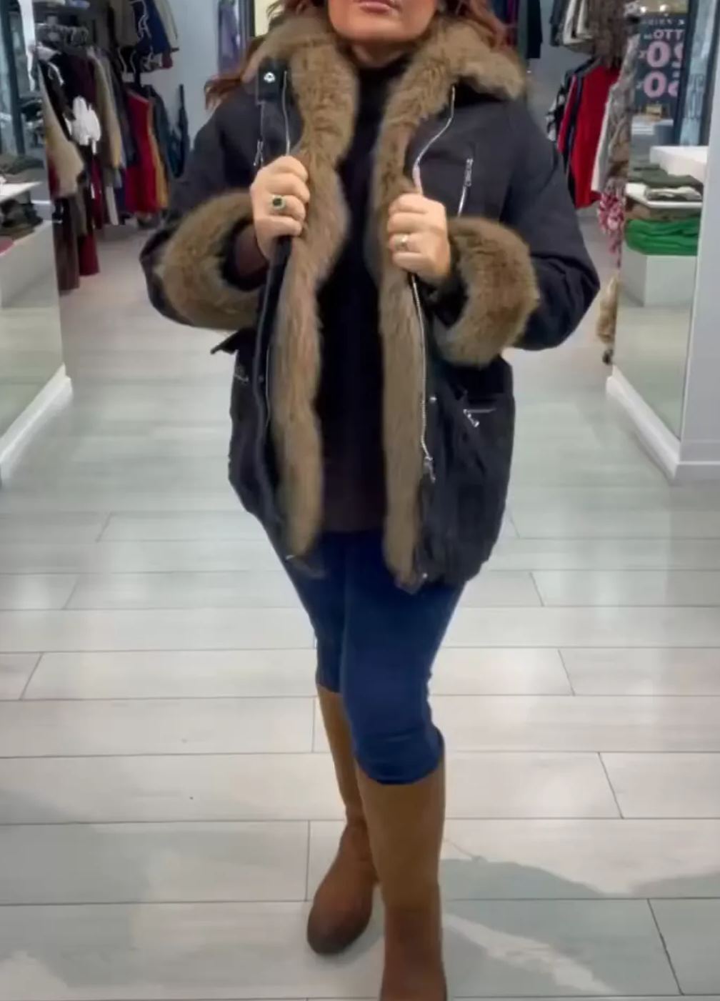 [Copy] Metallic Puffer Coat with Faux Fur Hood & Knit Sleeves