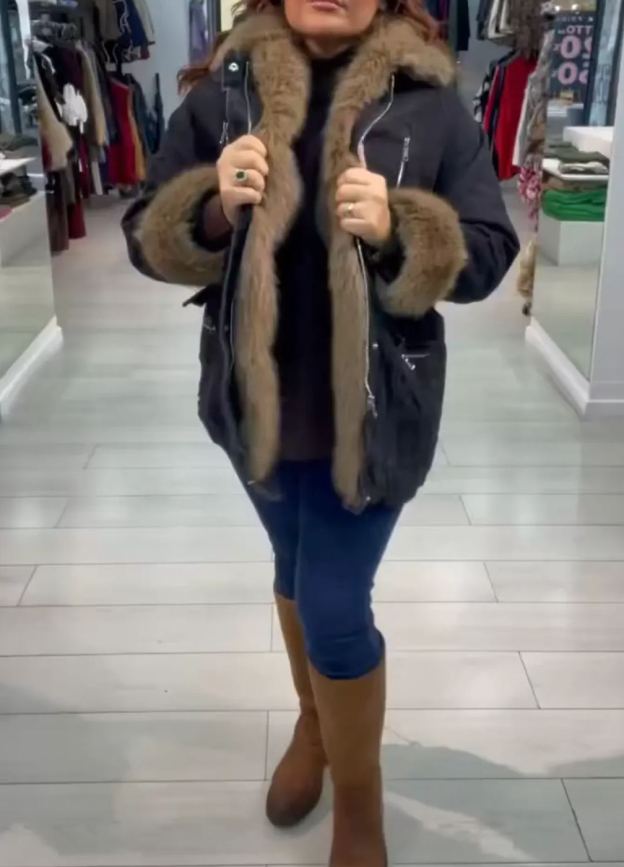 [Copy] Metallic Puffer Coat with Faux Fur Hood & Knit Sleeves