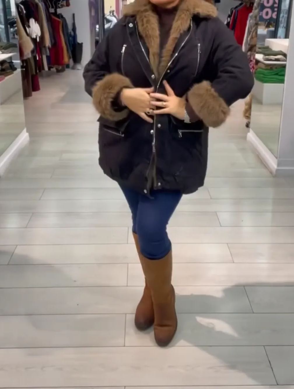 [Copy] Metallic Puffer Coat with Faux Fur Hood & Knit Sleeves