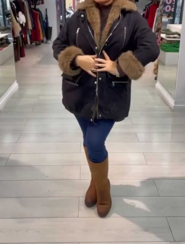 [Copy] Metallic Puffer Coat with Faux Fur Hood & Knit Sleeves