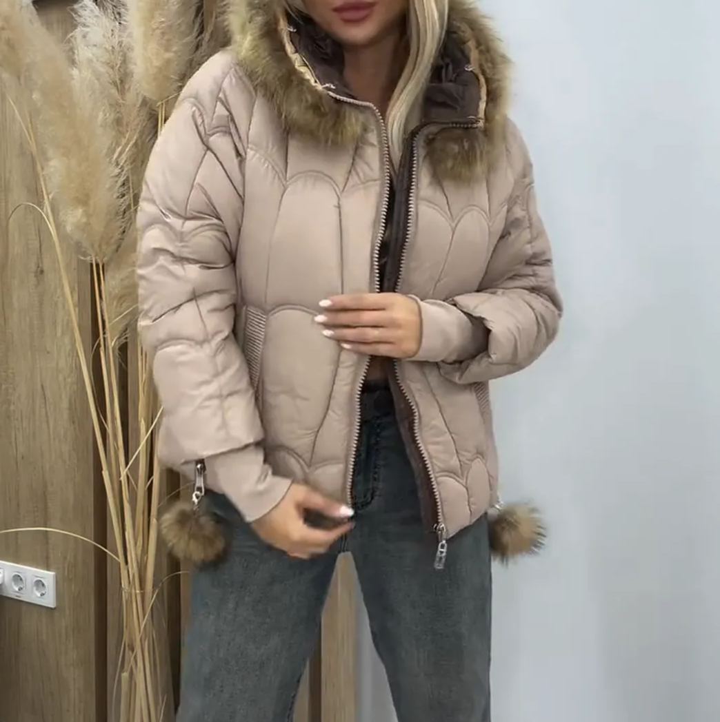 [Copy]Taupe Quilted Coat with Faux Fur Accents & Self-Tie Belt