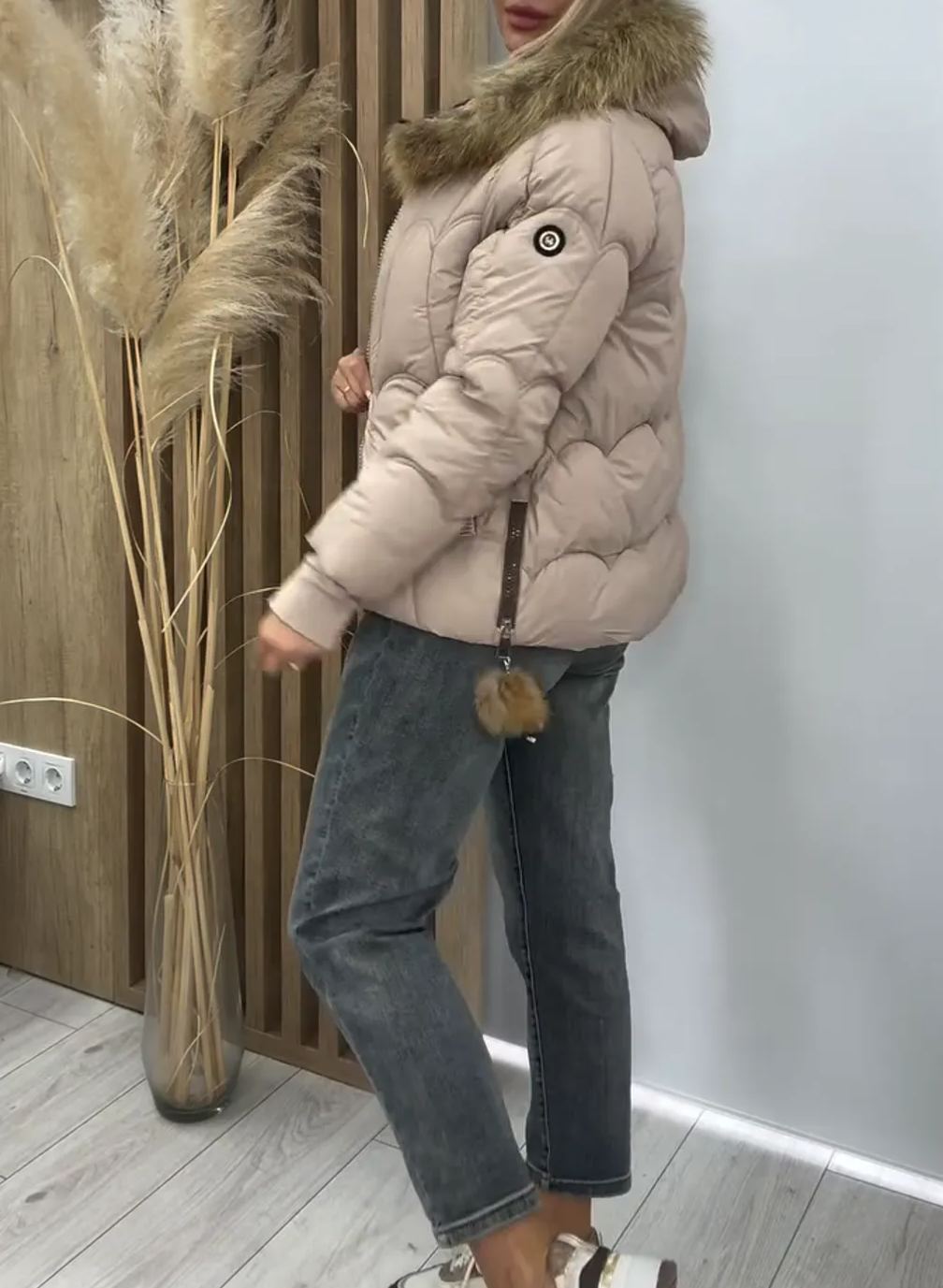 [Copy]Taupe Quilted Coat with Faux Fur Accents & Self-Tie Belt