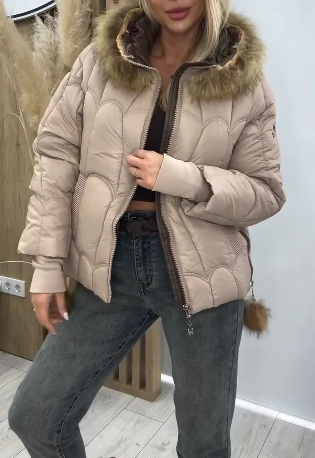 [Copy]Taupe Quilted Coat with Faux Fur Accents & Self-Tie Belt
