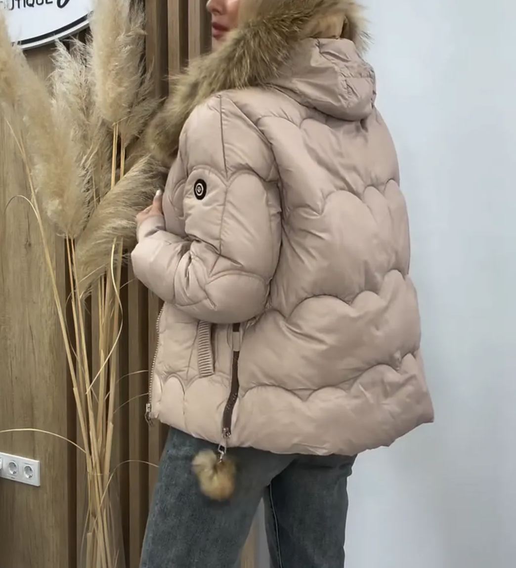 [Copy]Taupe Quilted Coat with Faux Fur Accents & Self-Tie Belt
