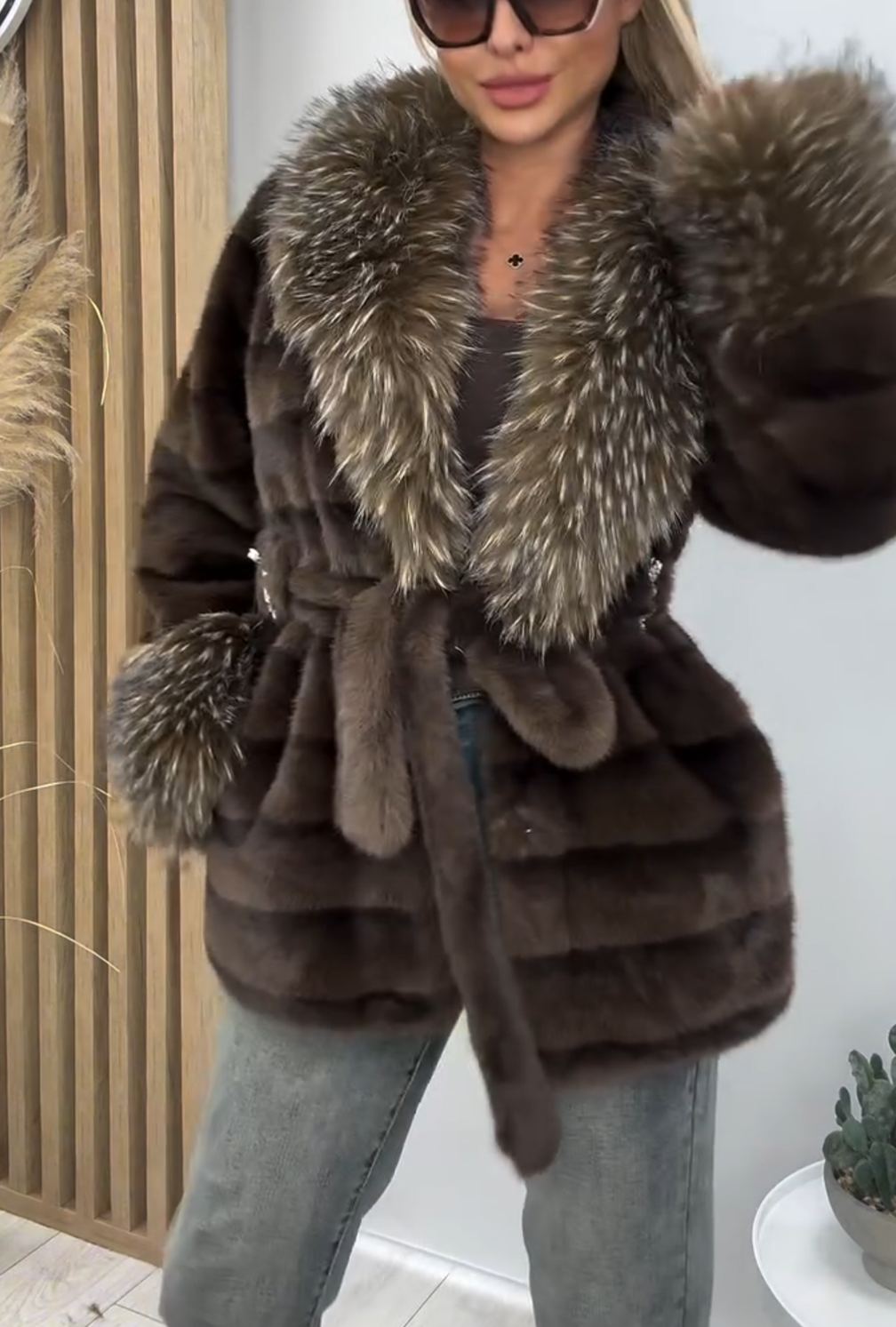 [Copy] Faux Fur Hooded Coat with Chevron Stitching