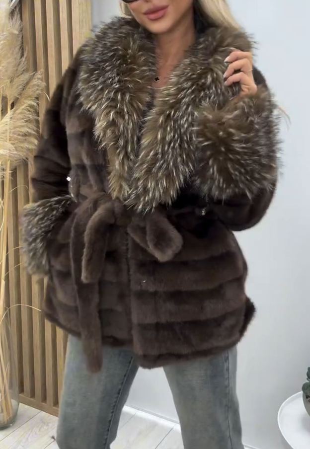 [Copy] Faux Fur Hooded Coat with Chevron Stitching