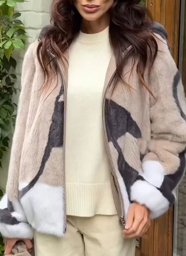 [Copy]Taupe Cropped Bomber Jacket with Faux Fur Collar & Emblem Detail