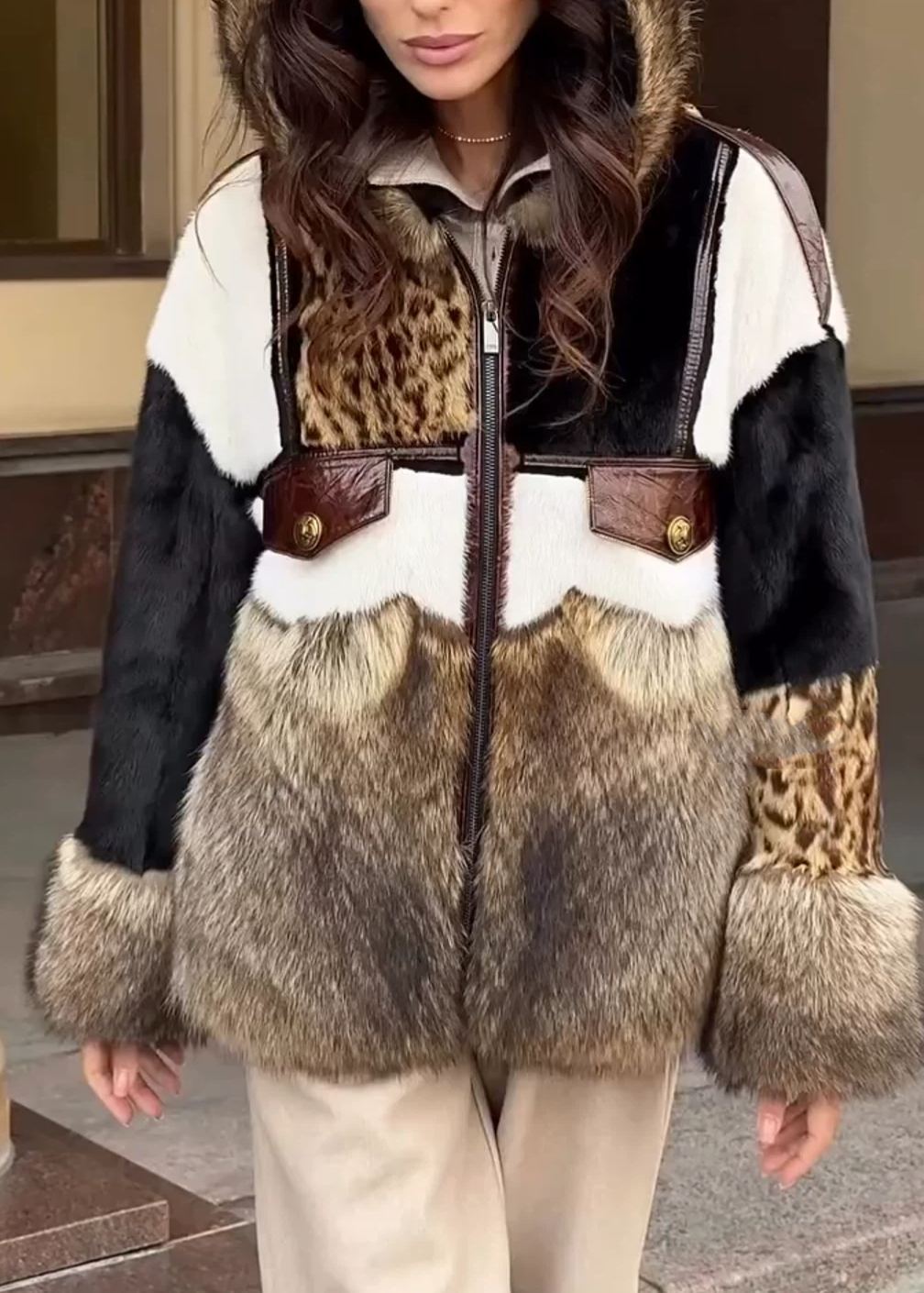 [Copy]Dark Brown Faux Fur Oversized Jacket with Wide Collar