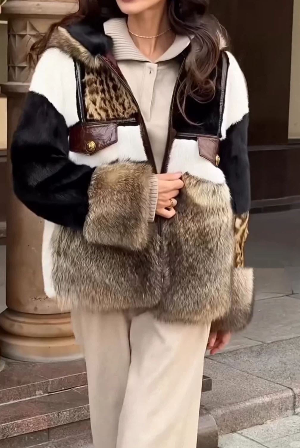 [Copy]Dark Brown Faux Fur Oversized Jacket with Wide Collar