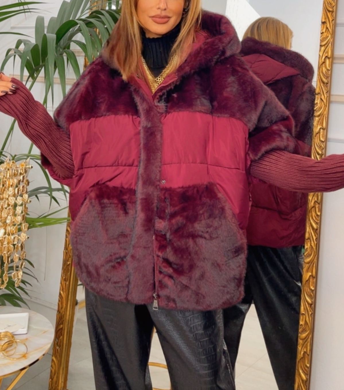 [Copy]Faux fur hooded jacket with self-tie belt and ribbed details