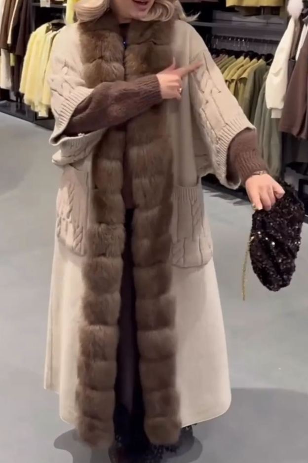 [Copy]Cow-Print Faux Fur Coat with Oversized Brown Fox Fur Collar