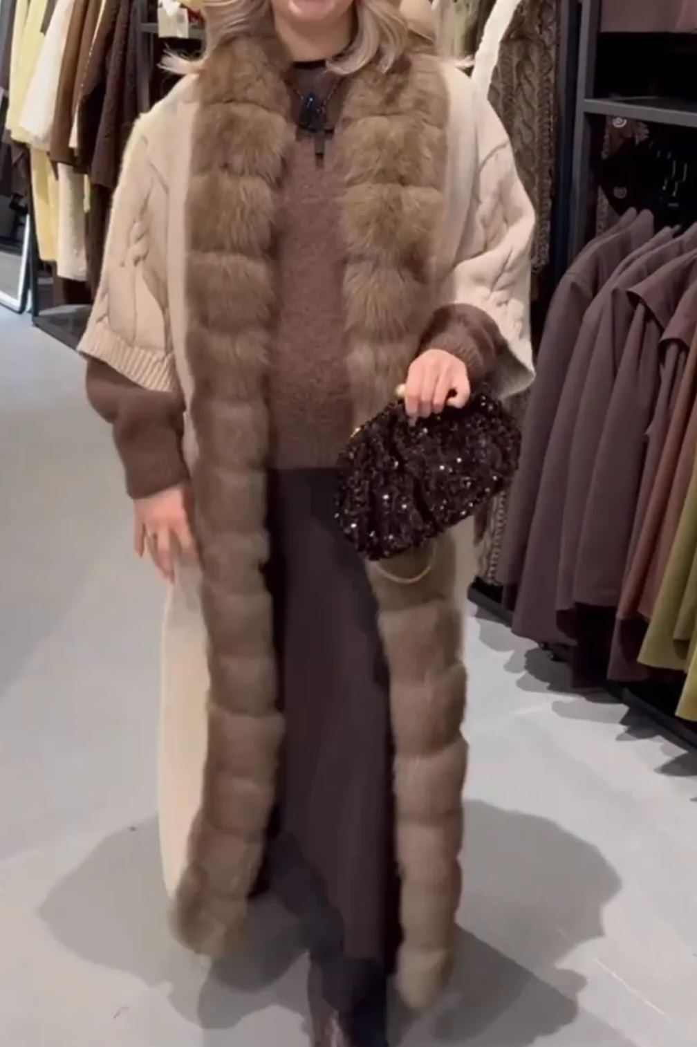 [Copy]Cow-Print Faux Fur Coat with Oversized Brown Fox Fur Collar